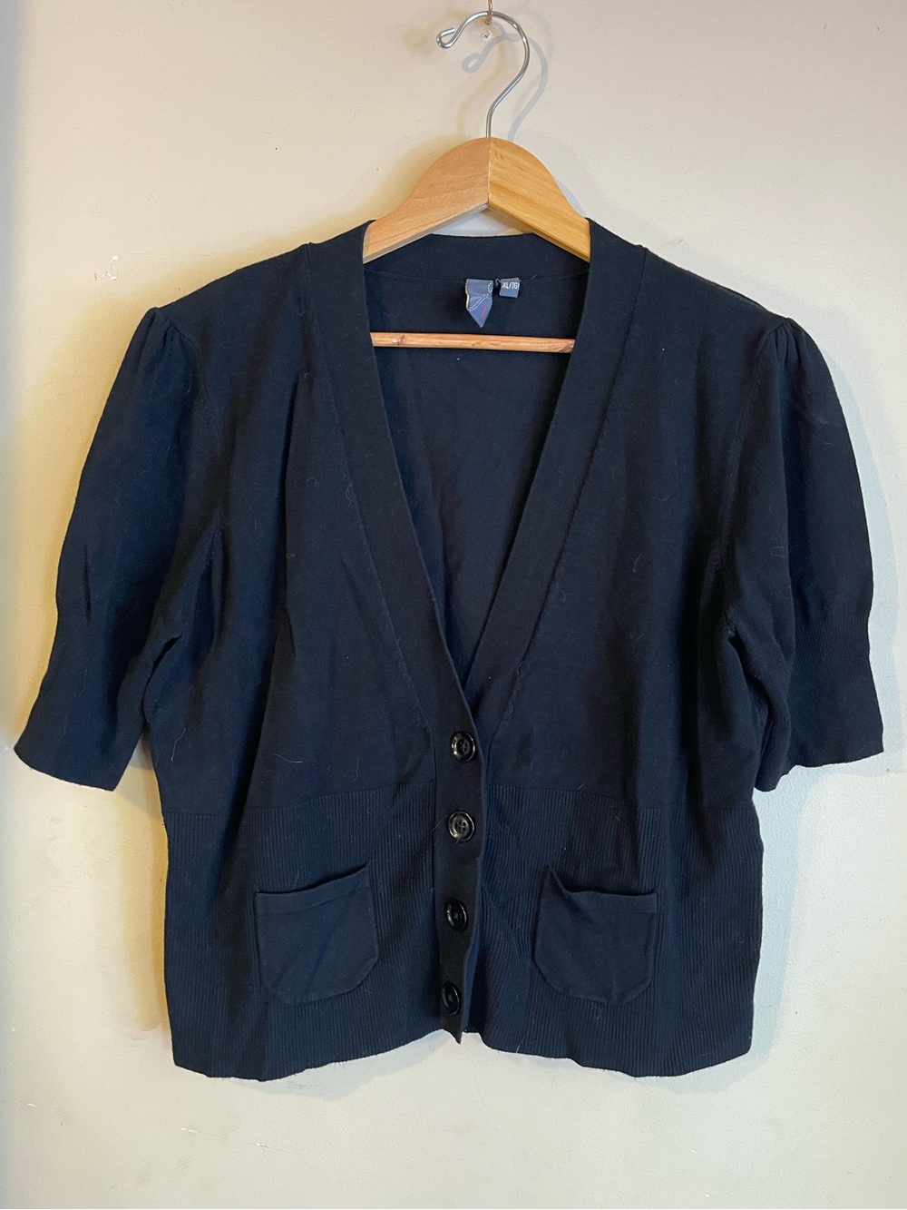 Jana Black Puff Sleeve Button Front Knit Cardigan Sweater Size XL